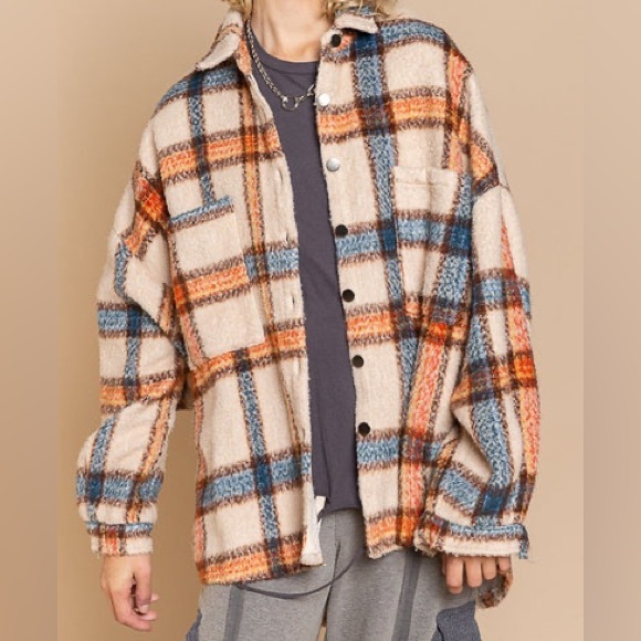 Cream Plaid Fuzzy Shacket Button Down Relaxed Fit - Picture 5 of 12